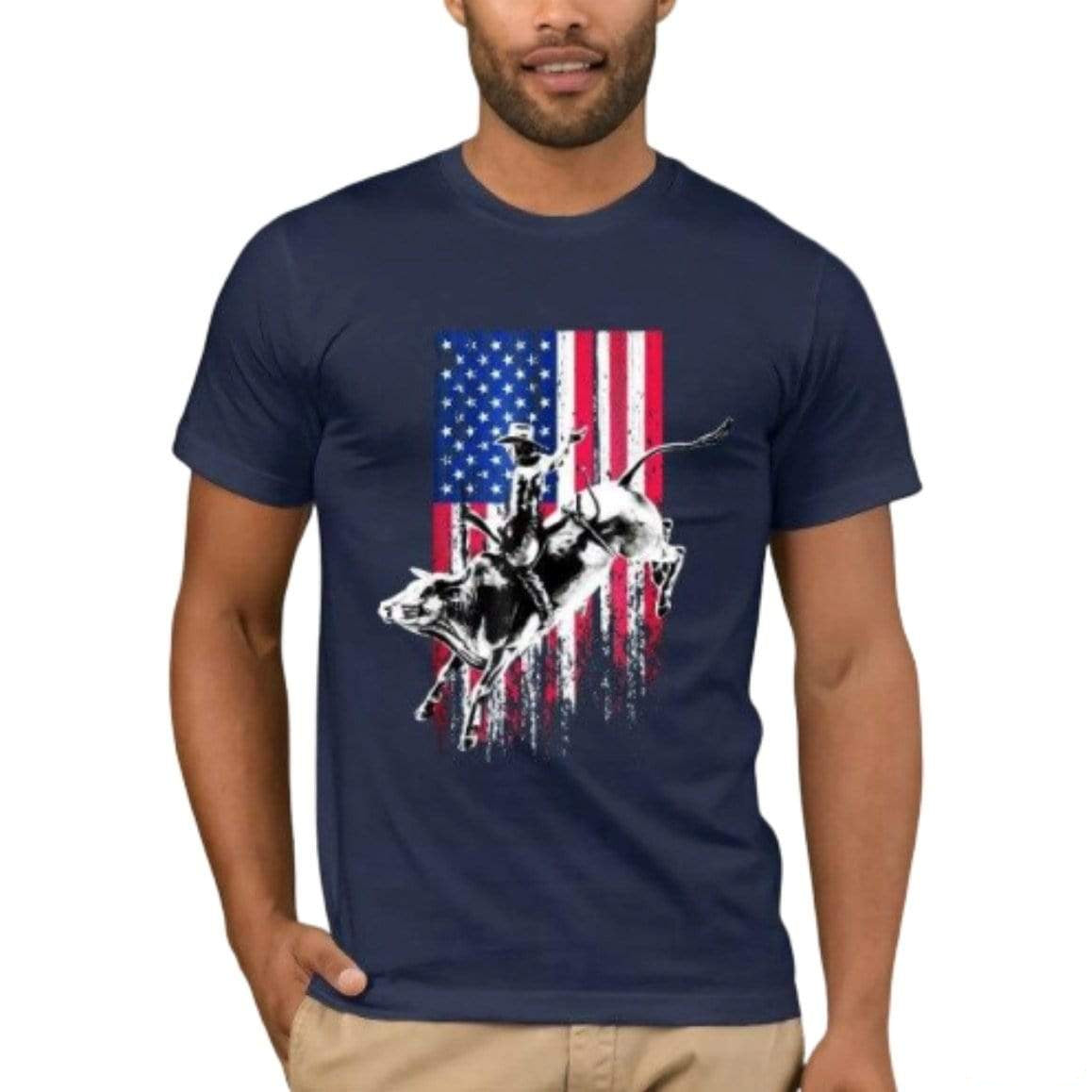 Man in navy t-shirt with American flag and bull riding design.
