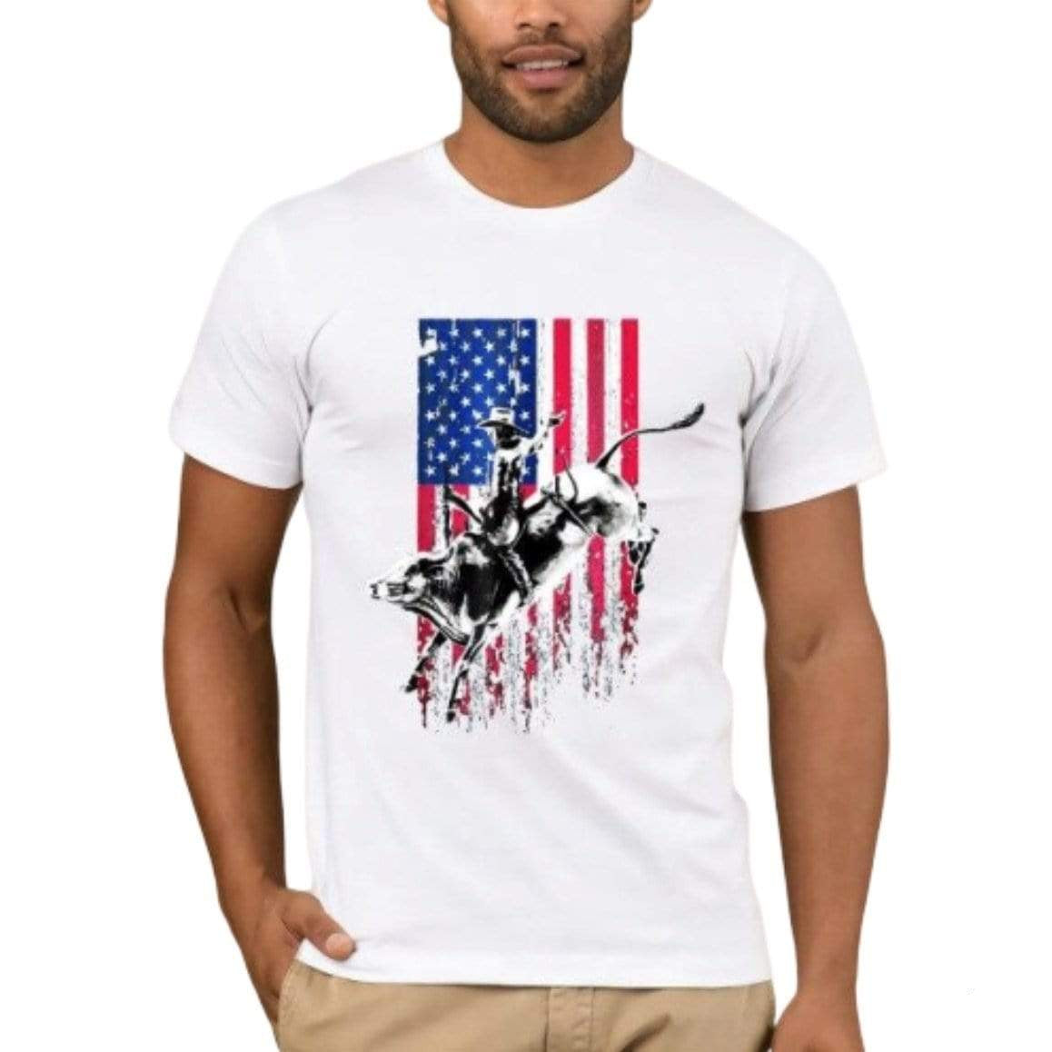 A man wearing a white t-shirt with an image of a rodeo rider on a bull over the American flag.
