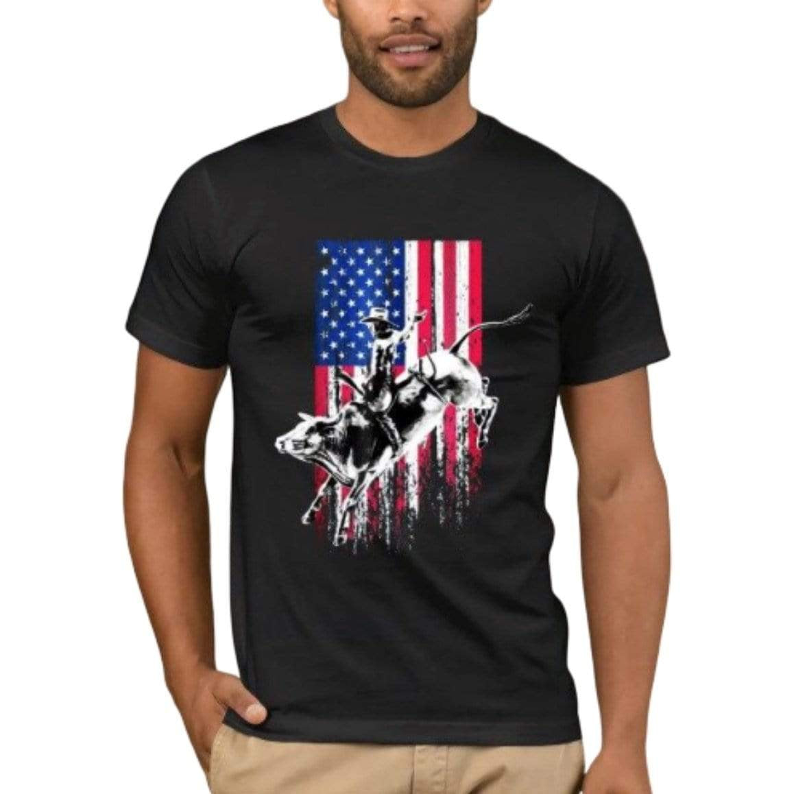 A man wearing a black t-shirt with an American flag and rodeo bull design.