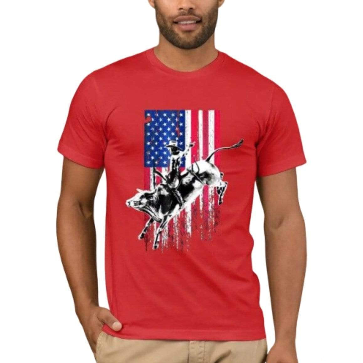 Man in a red t-shirt with an American flag and bull riding design.