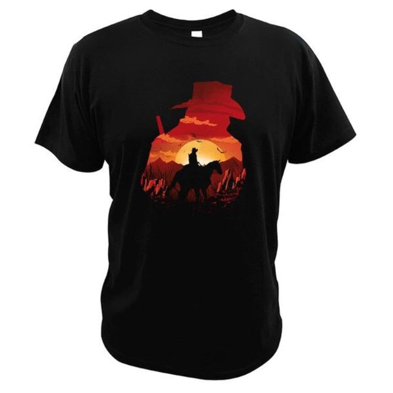 Black t-shirt with a cowboy silhouette design in orange and black.