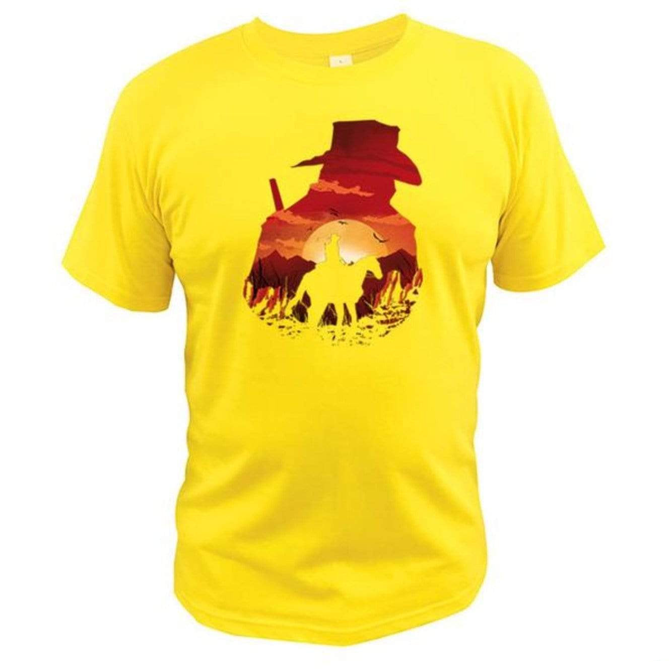 Yellow t-shirt with cowboy graphic.