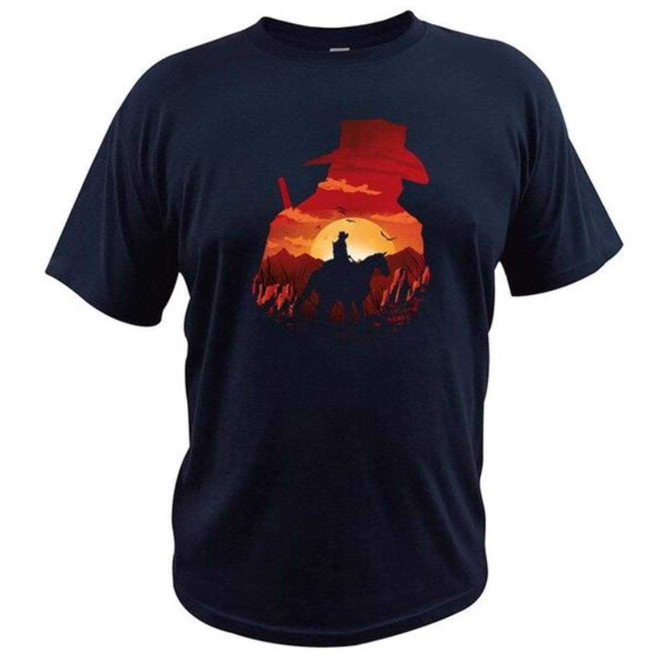 Navy t-shirt with a cowboy-themed graphic design.