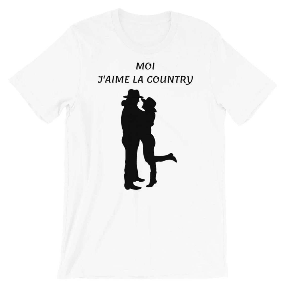 White t-shirt with a black silhouette of a couple in cowboy hats and boots embracing, with the French text "MOI J'AIME LA COUNTRY" above them.